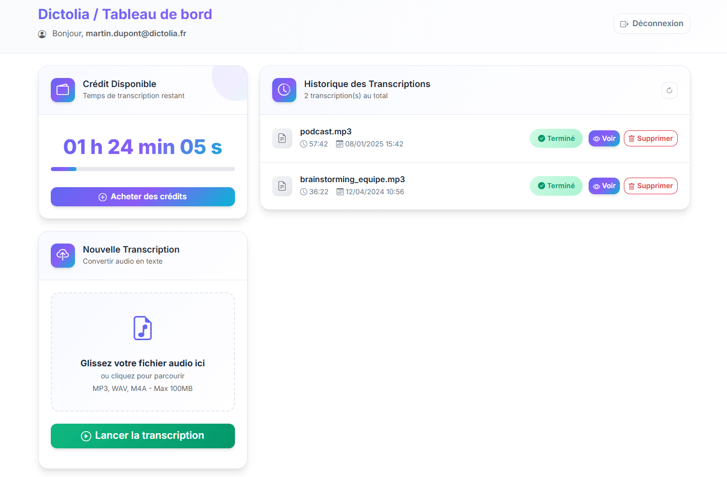 Tableau de bord Dictolia - Convertisseur audio en texte